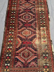 Black Red Distressed Low Pile Rug 4×6 ft Hand Knotted Caucasian Vintage Carpet