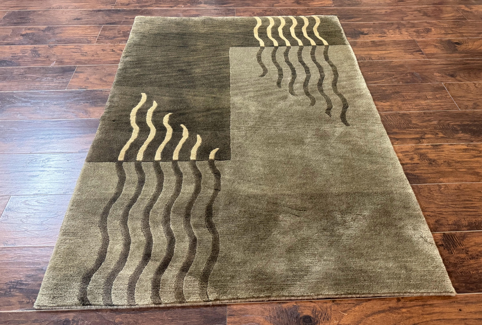 Modern Tibetan Wool Rug 3.6 x 5.6, Shades of Green, Abstract Design gallery