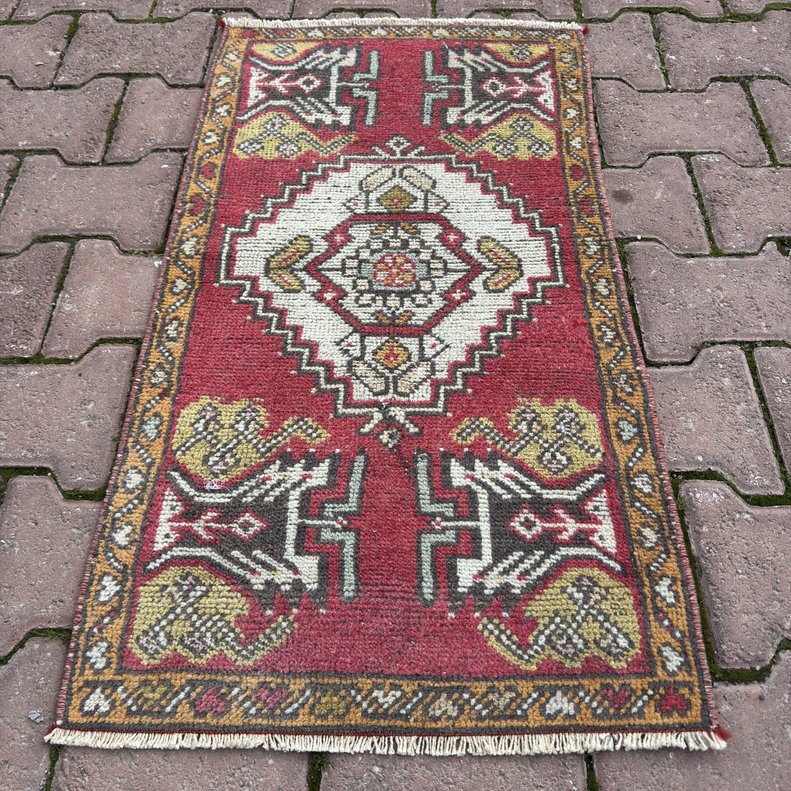 Red Ivory 2x3 Vintage Turkish Wool Accent Rug With Mustard Border - Tariff Free gallery