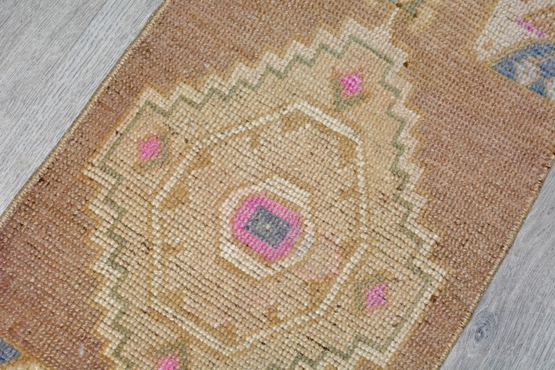 Vintage Turkish Faded Rug 17x34 In, Small Tribal Oushak Rug, Vivid Colors Brown gallery