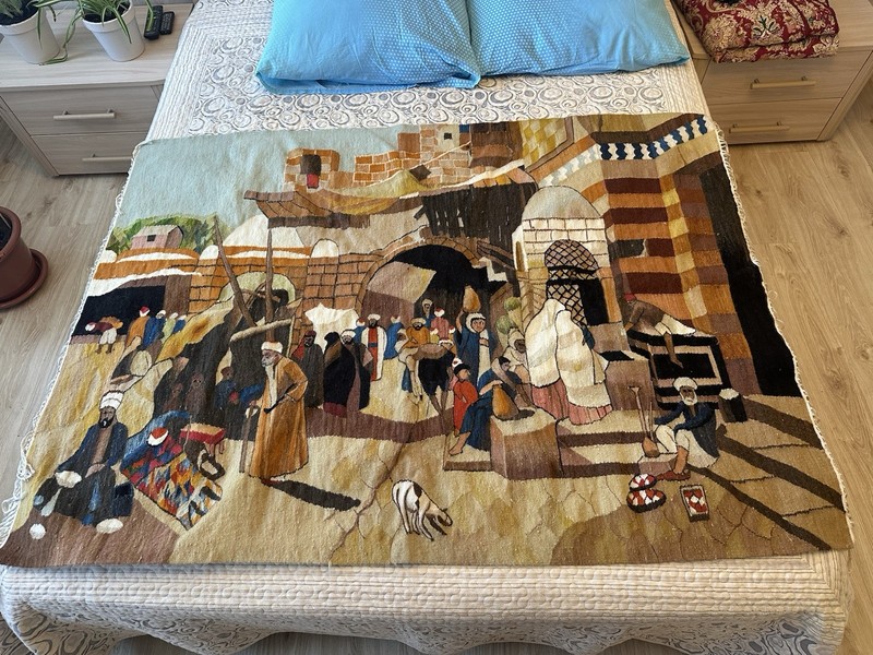 Large Vintage Pictorial Kilim 64x46 Wool Tapestry "The Rug Market" Handmade Art gallery