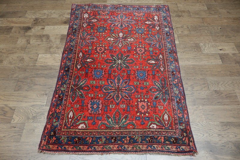 Pre-1900 Antique Vegetable Dye Rug 4x7 Ft Handmade Geometric Wool Red Carpet gallery