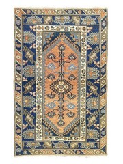 Vintage Turkish Oushak Rug 3.8×5.9 ft – Terracotta & Navy – Hand-Knotted Wool