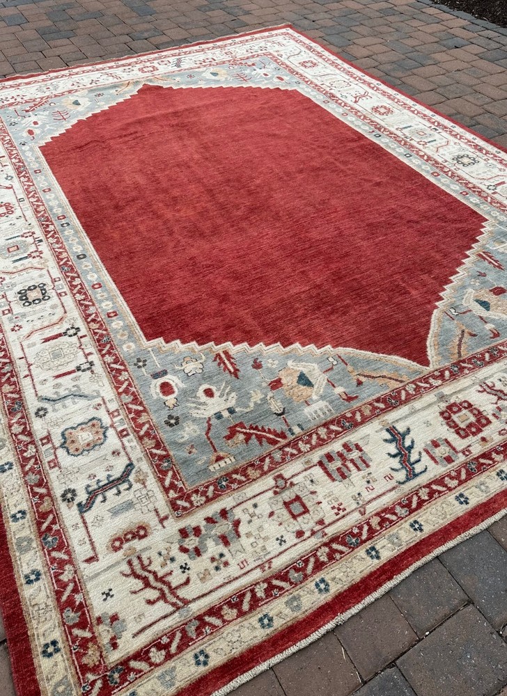Contemporary Handmade Afghan Kazakh Area Rug, Unique Red Open Field Design, 9x11