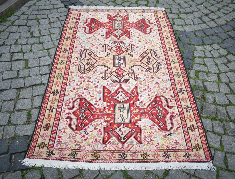 Caucasian Silk Soumak Rug 3'9 x 6'2 ft Fine Quality Animal Design Silk Soumak gallery