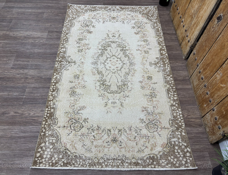 4x7 Vintage Neutral Turkish Area Rug, Beige Brown Oushak, Hand-Knotted Wool Rug gallery