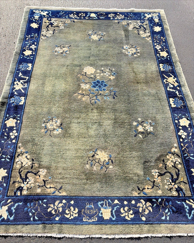 Auth: Antique Art Deco Chinese Rug Plush Green Wool Beauty 6x9 gallery
