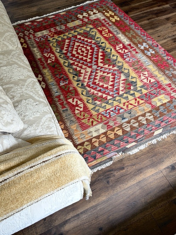 Vintage ABC Carpet Home Kilim Rug 5x7 Reversible Tribal Flat-Weave Red 90s Style gallery