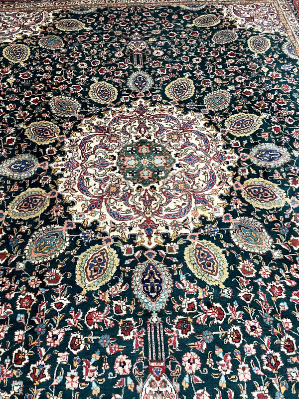 Antique Oriental Hand-Knotted Wool Area Rug Green/Ivory/Red 9'7" x 12'5" gallery