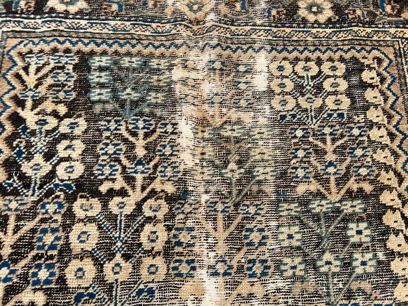 Blue Black Distressed Low Pile Rug 4x5 ft Hand Knotted Floral Vintage Carpet gallery