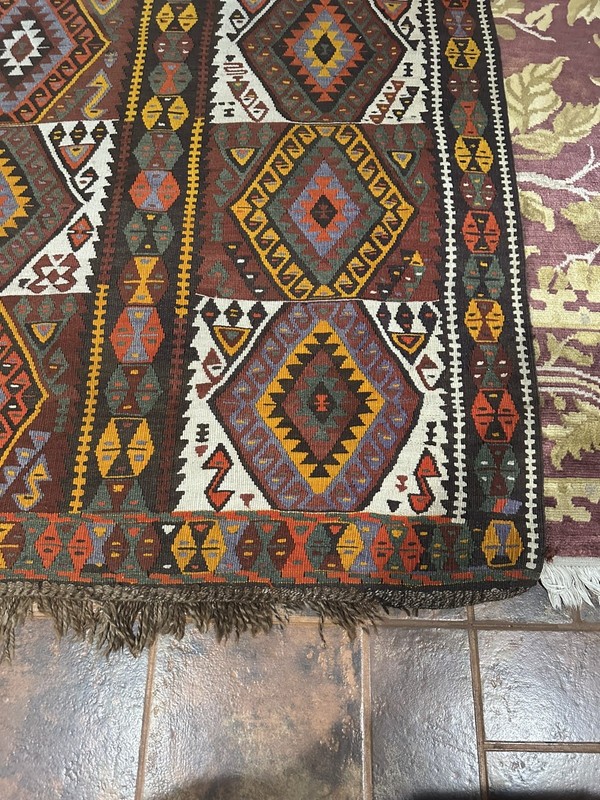 Turkish Handwoven Flat Weave Wool Kilim Rug Black Brown Cream Orange Blue gallery
