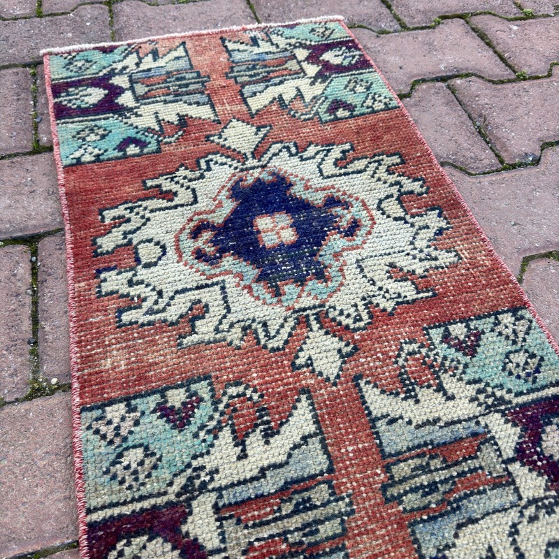 Plum Aqua 1x2 Vintage Turkish Oushak Wool Rug-Tariff Free gallery