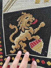 Auth: Antique Continental Needle Point Tapestry Heraldic Lion Arms Fine 5×7