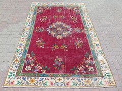 Vintage Anatolia Carpet, Distressed Burgundy Rug, Handmade Floor Rugs 69″x106″