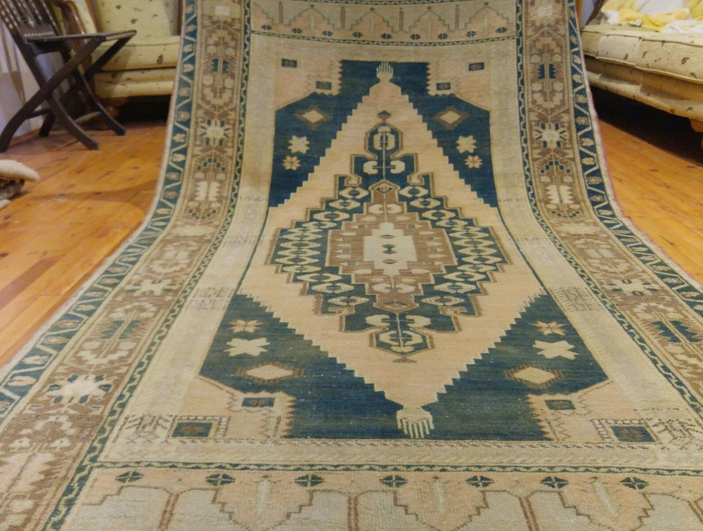 Beautiful Antique 1900-1939s Sage Green Colors Wool Pile Ushak Rug 4'6''x8'4''