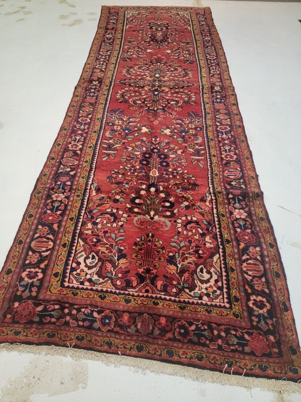 Antique Oriental Hand-Knotted Wool Runner Red/Black/Blue/Ivory 4'5" x 13'4" gallery