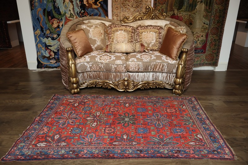 Pre-1900 Antique Vegetable Dye Rug 4x7 Ft Handmade Geometric Wool Red Carpet gallery