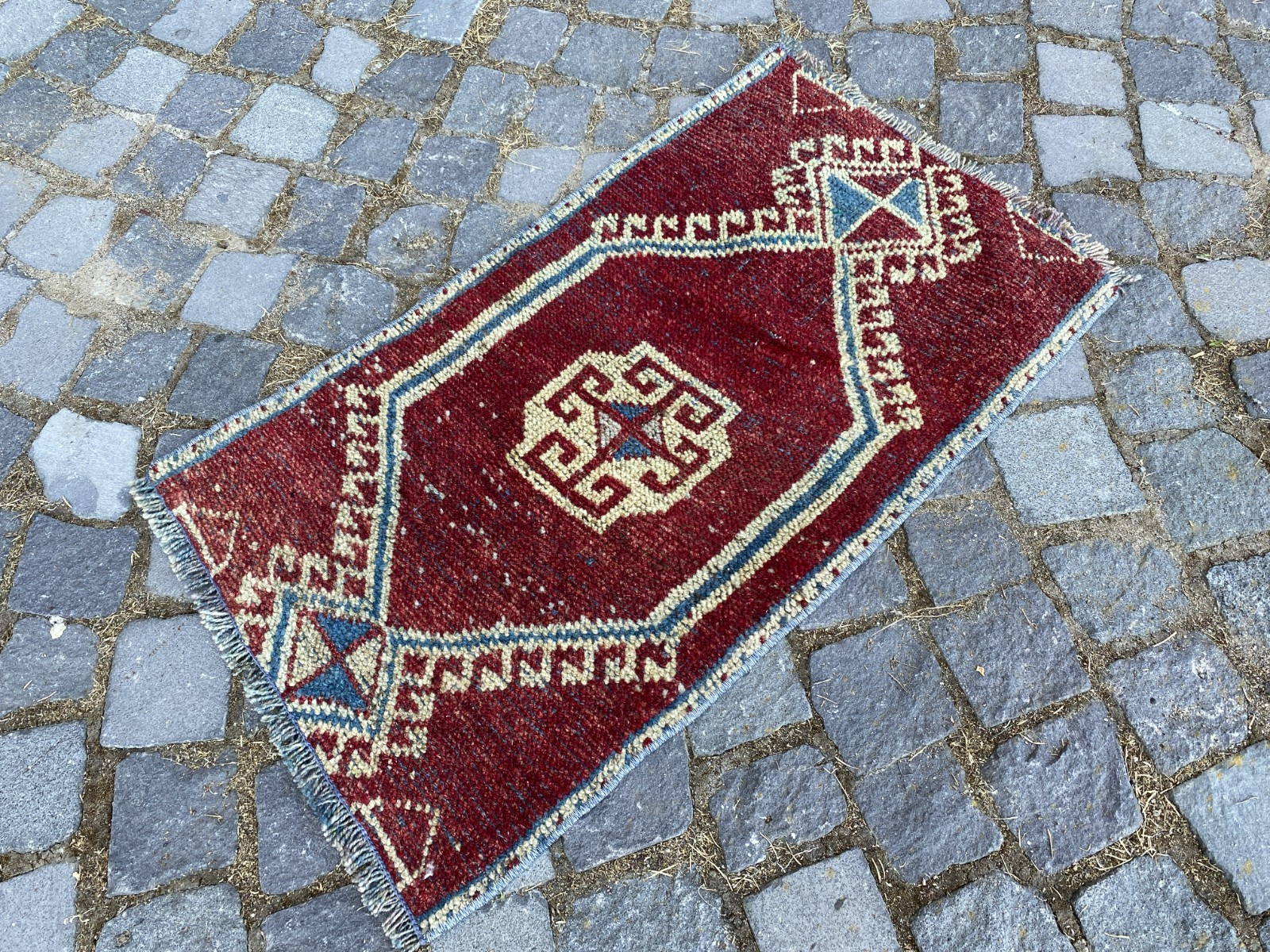Vintage Turkish Rug, Hand-Knotted Wool, Ruby Red Ivory Muted Boho Accent Rug gallery