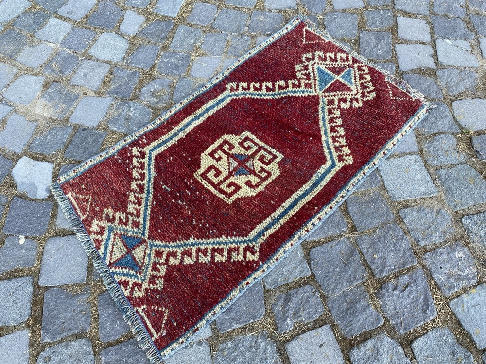 Vintage Turkish Rug, Hand-Knotted Wool, Ruby Red Ivory Muted Boho Accent Rug