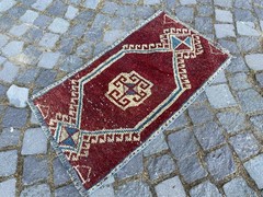 Vintage Turkish Rug, Hand-Knotted Wool, Ruby Red Ivory Muted Boho Accent Rug