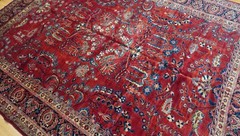 Antique 1900s Sa’ rouk Hand Knotted Muha’ jiran Wool Red Oriental Rug 9′ x 12′