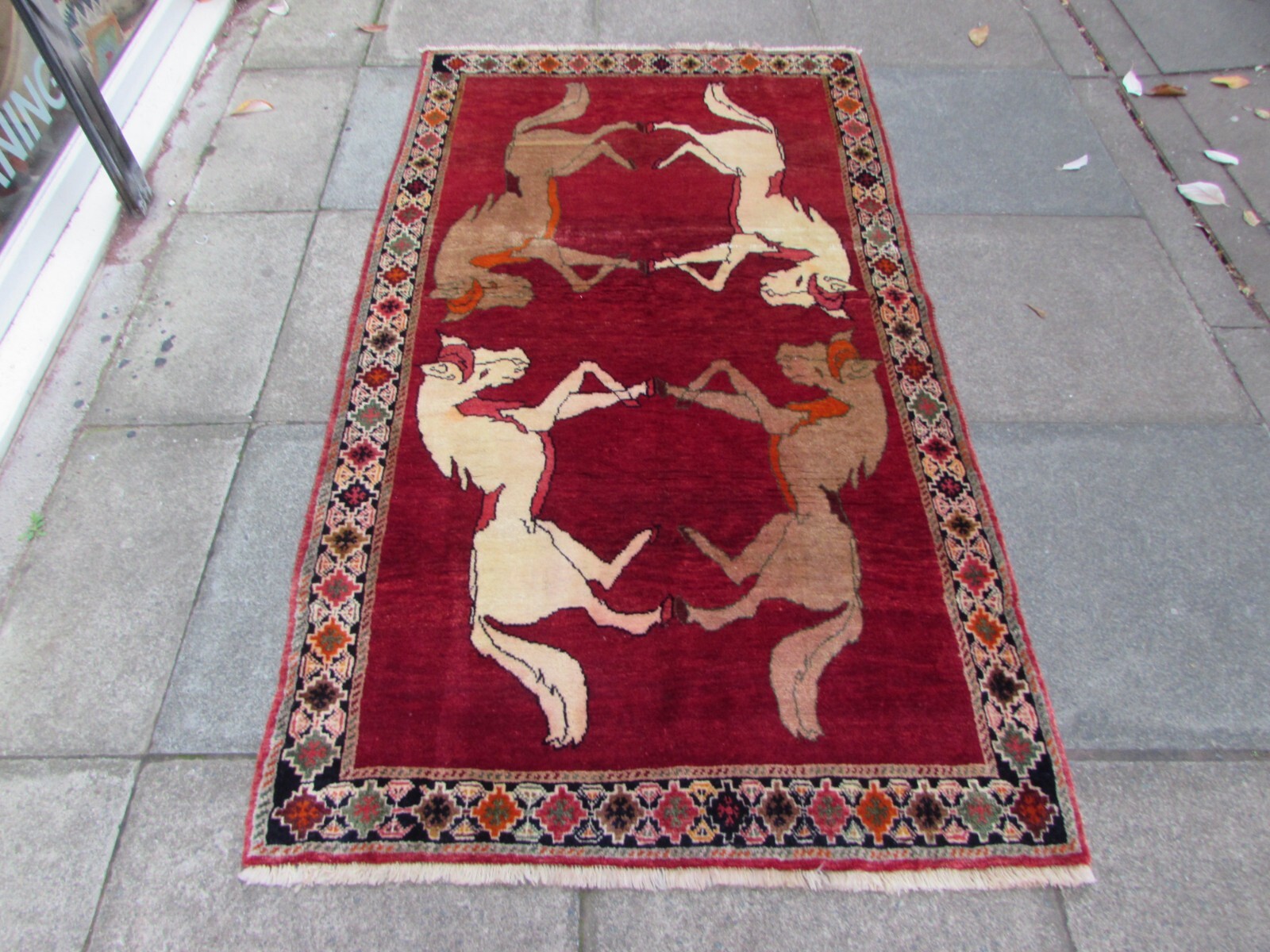 Vintage Traditional Hand Made Oriental Gabbe Wool Red Rug 201x111cm Horse Scene gallery