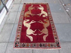 Vintage Traditional Hand Made Oriental Gabbe Wool Red Rug 201x111cm Horse Scene