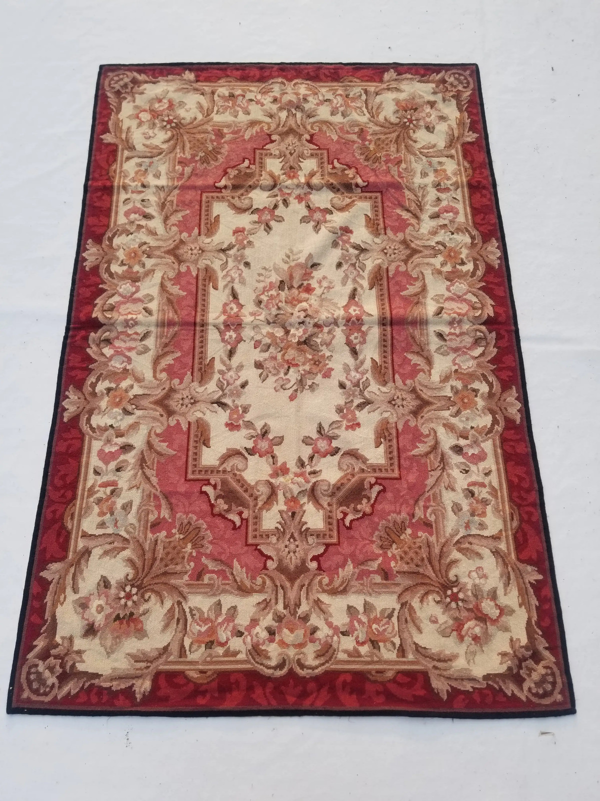 Vintage French Needlepoint Handmade Floral Red Wool Rug Carpet 5.9x3.8ft gallery