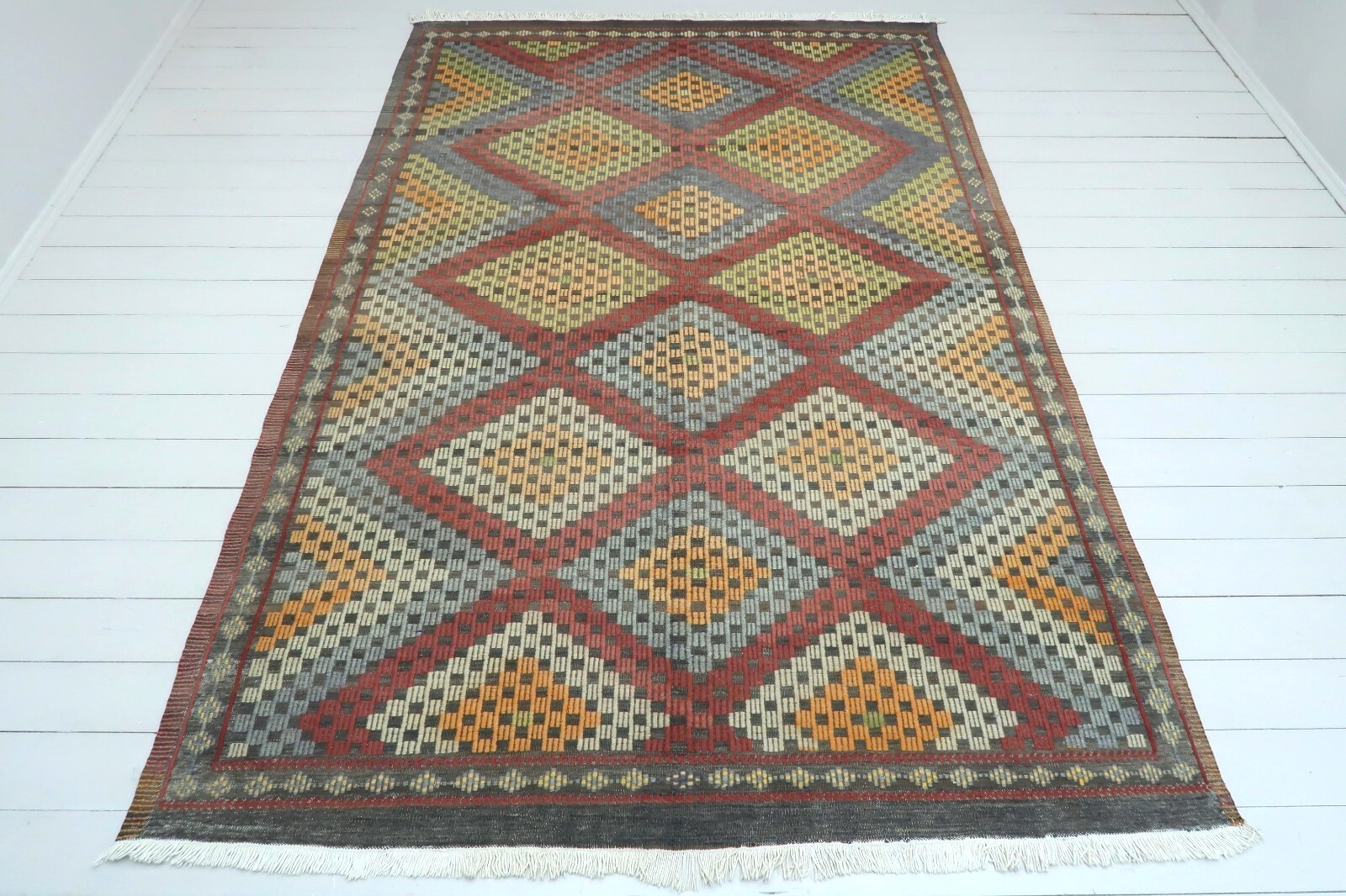 Vintage Turkish Kilim Wool Rug, Handmade Floor Carpet, Large Boho Rug 70"x109" gallery