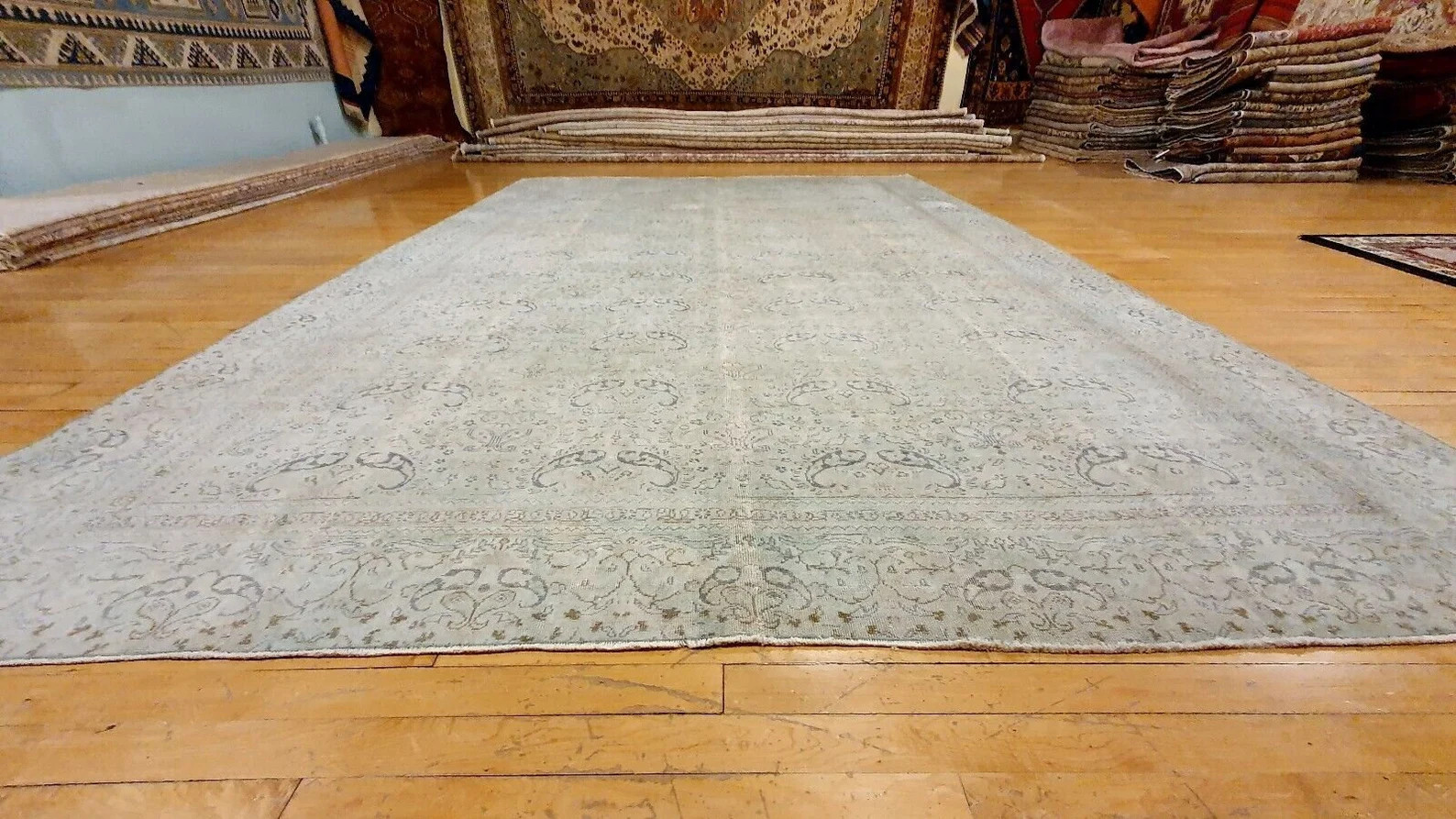 Antique 1940-1950's Distressed Wool Pile Sage Green Oushak Area Rug 8x11ft gallery