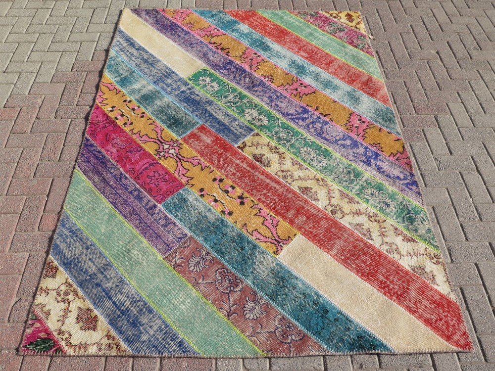 Handwoven Turkish Carpet, Multicolor Large Patchwork Teppiche, Boho Rugs 66"x91"