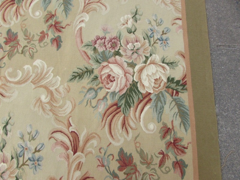 Vintage Hand Made French Design Wool Beige Green Original Aubusson 440X312cm gallery