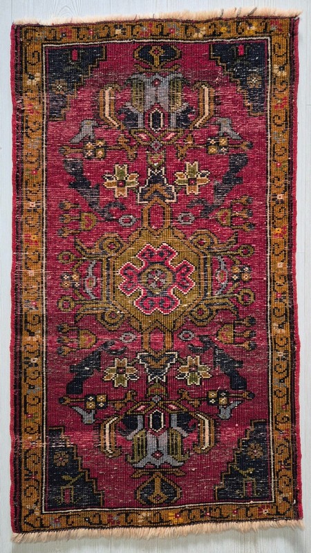 Antique Anatolian Hand-Knotted Small Rug, 22x38 in Turkish Tribal Wool Carpet gallery