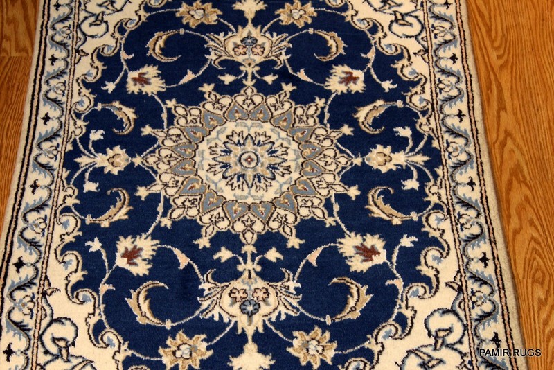 3x5 ft. Fine Quality Genuine NAIN Rug. Wool & Silk Beige Blue Border Rug #2HR gallery