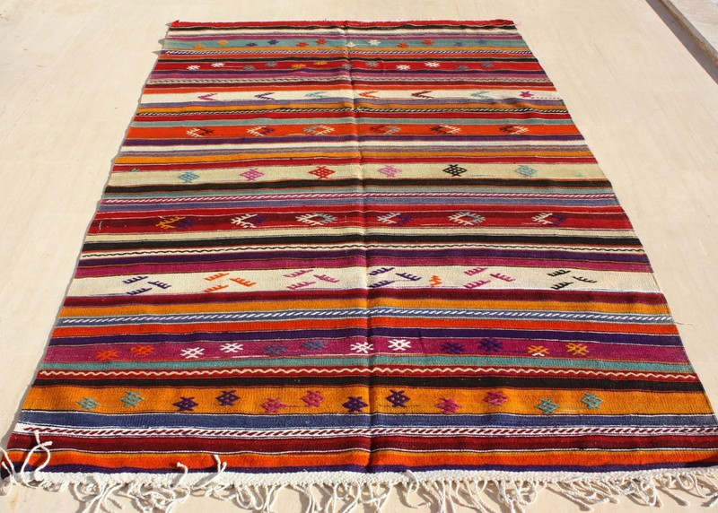 TURKISH KILIM RUG 5x8 CLASSIC GEOMETRIC STRIPED KILIM 67"x 101", Kilim Rug 5x8 gallery