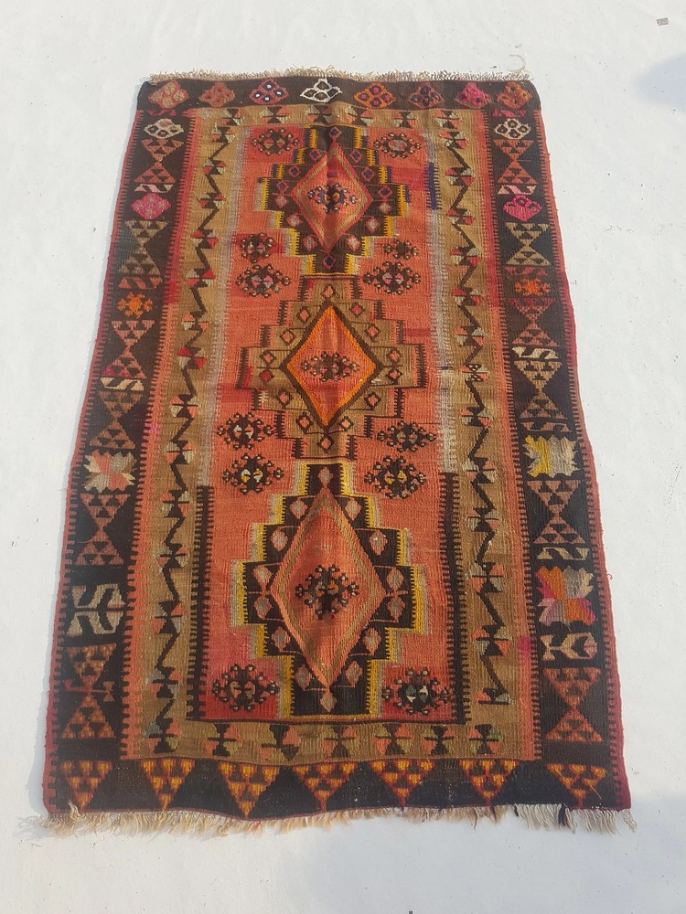 Distressed Vintage Traditional Handmade Anatolian Wool Black Kilim 4.8x2.11ft