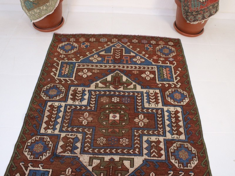 Vintage Turkish Area Rug 4x6 ft | Handmade Wool Red Blue Rug | 126x189 cm gallery