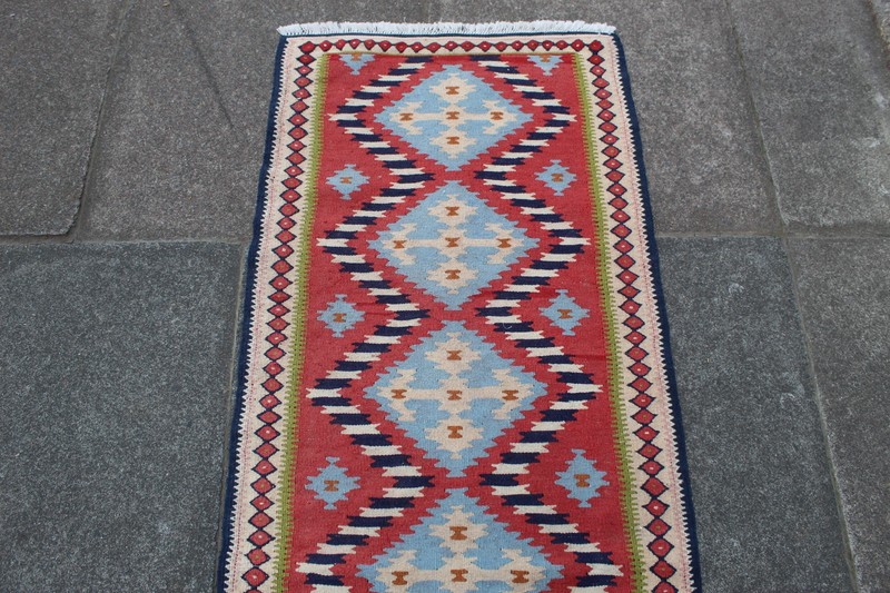 Fine Vintage Traditional Hand Made Oriental Wool Red Short kilim Runner 189x63cm gallery