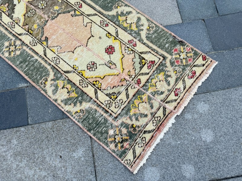Vintage Turkish Gallery Runner Rug 1.7x12.3 ft Faded Sage Beige Carpet gallery