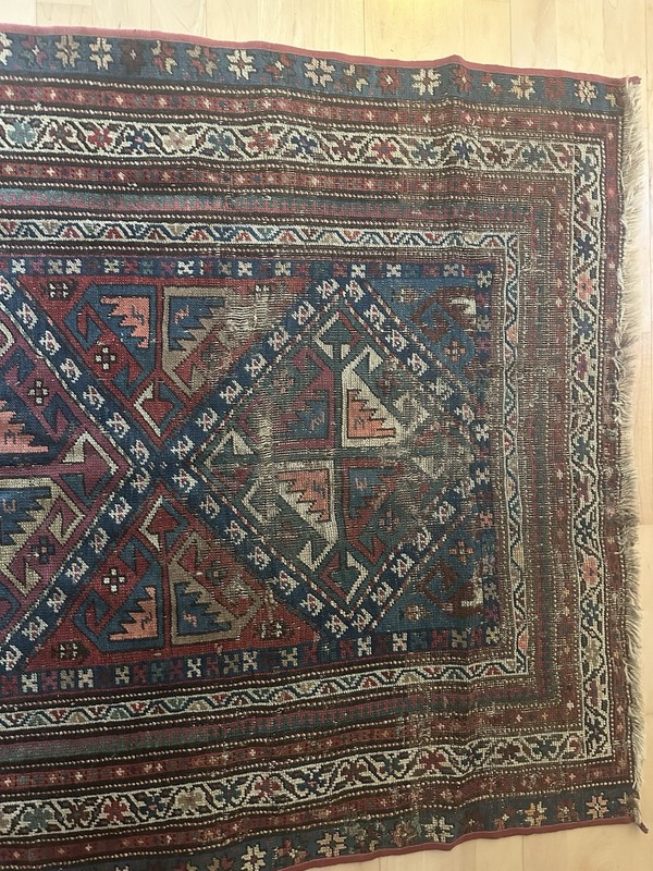 Vintage Rug 7x4 Hand-Knotted wool Tribal Red Blue Distressed Boho gallery