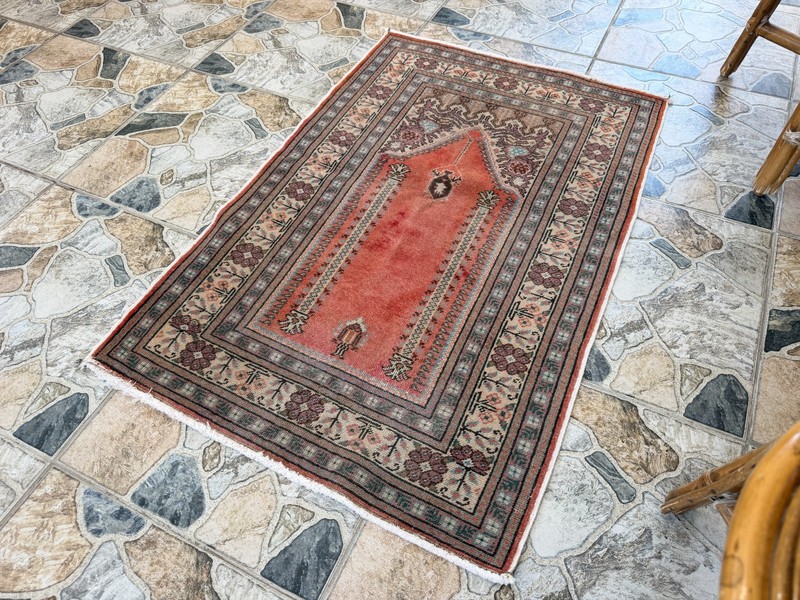 Small Vintage Turkish Prayer Rug 2x4 Hand Knotted Coral Red Floral Accent Carpet gallery