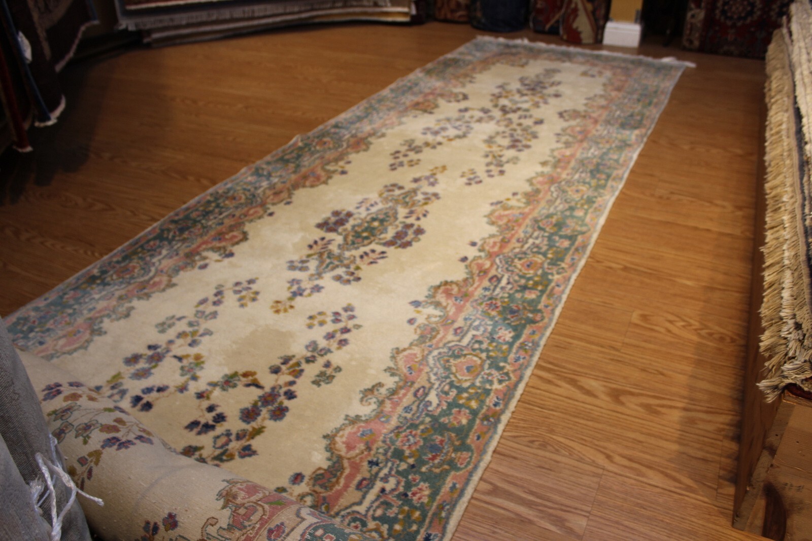 Antique Kirman Circa 1930's Handmade Knotted 15'5" LONG Beige 4' x 15'5" Runner gallery