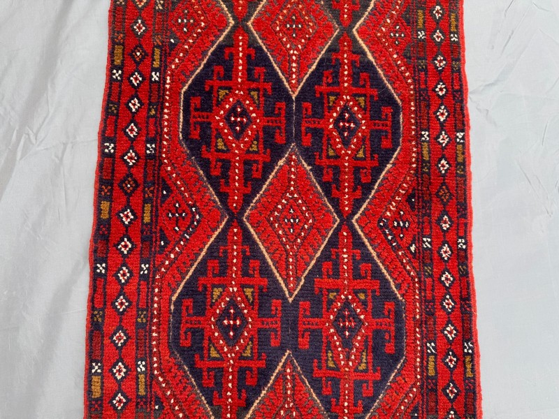 Vintage Afghan Mishwani Baluchi 2x12 Runner Rug, Handwoven Wool, Red Navy Rug gallery