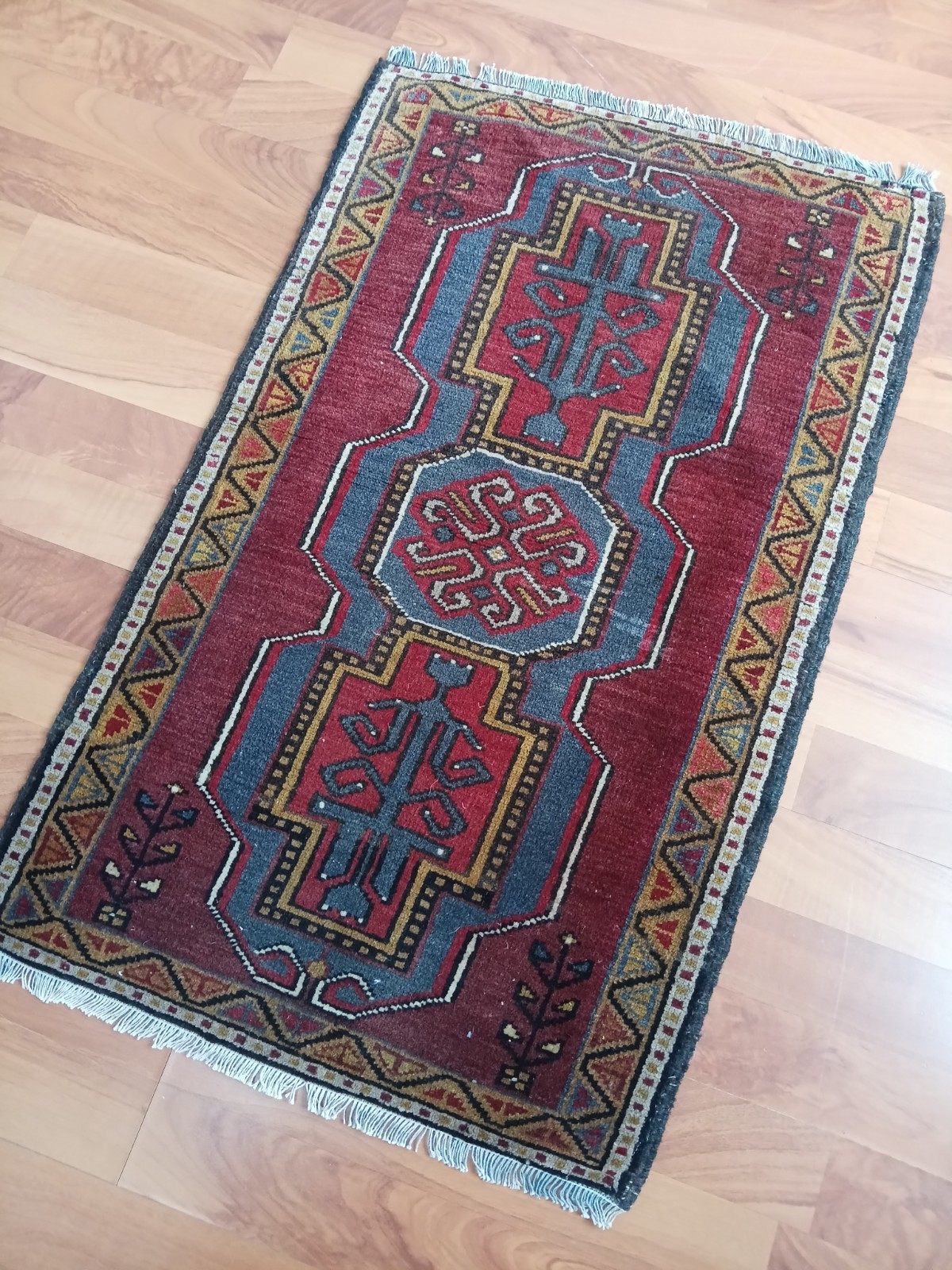 Antique Unique Geometric Rug, Tribal vintage rug, Handmade Caucasian Blue Rug gallery