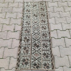 Brown Taupe 2×4 Vintage Turkish Wool Runner Rug With Rose Highlights-Tariff Free