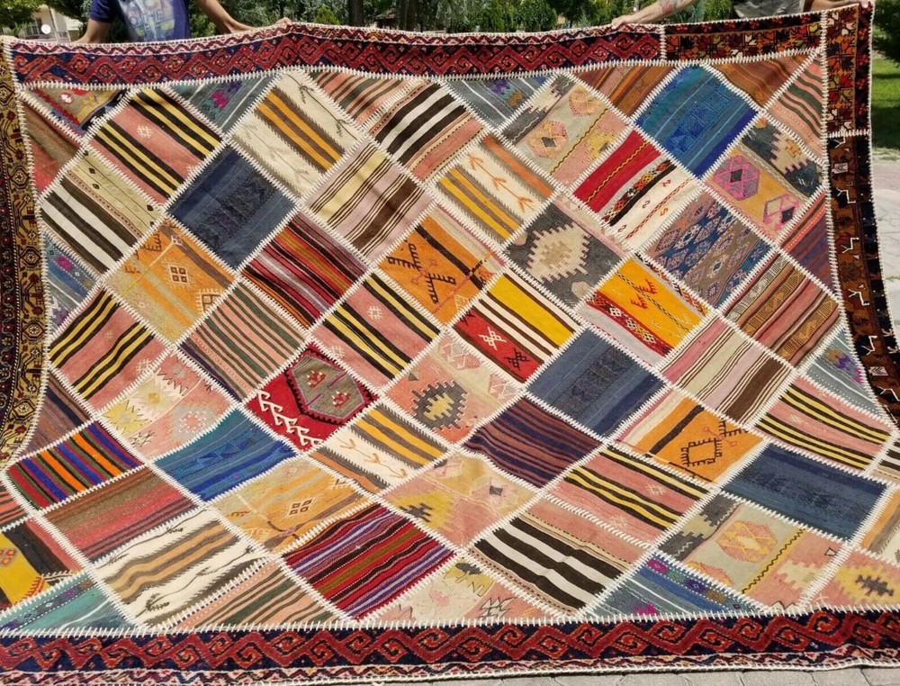 Beautiful Antique Multi-Colored Wool Pile Tribal Area Patchwork Rug 8x12ft