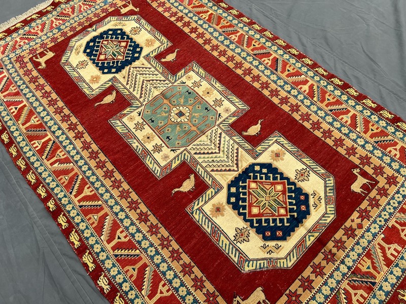 Red Turkish Pictorial Soumak Rug 4'3x7'1 Handmade Wool Animal Tribal Vintage rug gallery