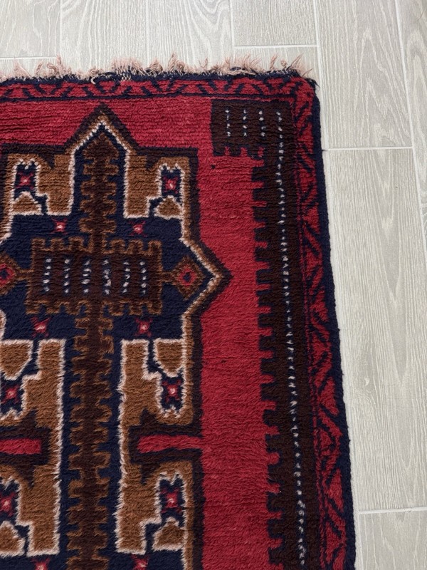 Hand-Knotted Prayer Balouch Red Blue Wool Oriental Rug 4’ 4” x 2’ 6.5” gallery