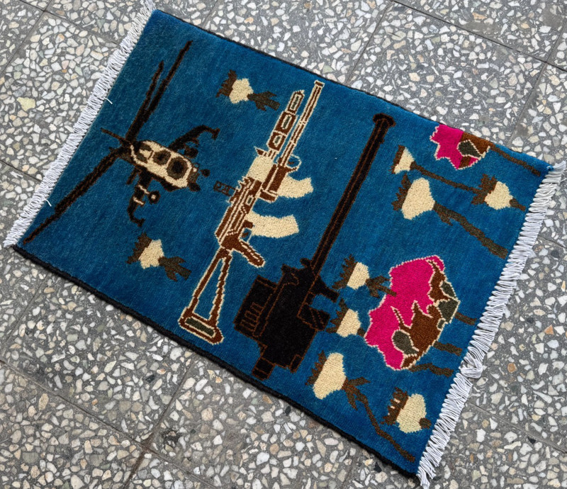 2x3 Afghan Hand Knotted War Rug Helicopter Rifle Blue Wool Carpet New gallery