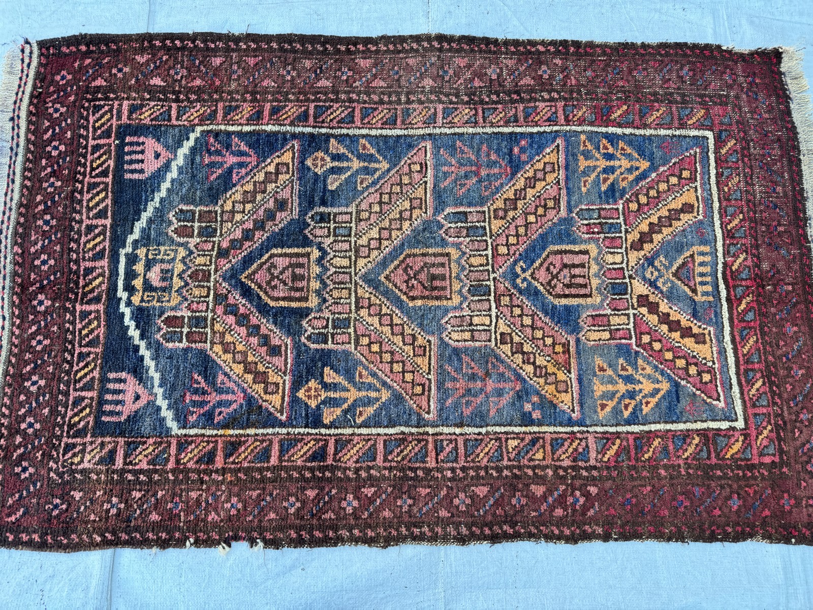 1930s Antique Afghan Terracotta Faded Rug 3x4 Blue Geometric Persian Area Carpet gallery
